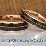 Koa Wood Guitar String Rose Gold Tungsten Wedding Ring set