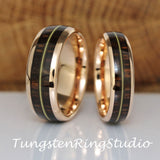 Koa Wood Guitar String Rose Gold Tungsten Wedding Ring set