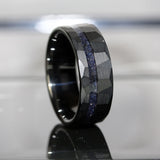 Nebula Blue Sandstone Black Hammered Offset Tungsten Ring