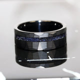 Nebula Blue Sandstone Black Hammered Offset Tungsten Ring