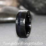 Nebula Blue Sandstone Black Hammered Offset Tungsten Ring