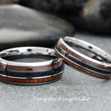 Blue Stone Nebula Koa Wood Silver Gray Tungsten Carbide Ring Set