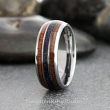 Blue Stone Nebula Koa Wood Silver Gray Tungsten Carbide Ring Set