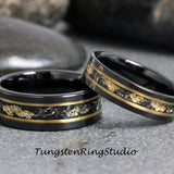 Gold Leaf Meteorite Black Rose Gold Tungsten Carbide Ring Set