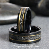 Meteorite Yellow Gold Black Tungsten Carbide Ring Set