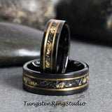 Gold Leaf Meteorite Black Rose Gold Tungsten Carbide Ring Set