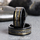 Meteorite Yellow Gold Black Tungsten Carbide Ring Set