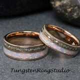 Gold Fire White Opal Rose Gold Gold Tungsten Ring Set