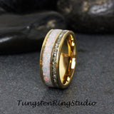 Gold Fire White Opal Yellow Gold Tungsten Ring Set