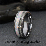 Gold Fire White Opal Silver Gray Tungsten Ring Set