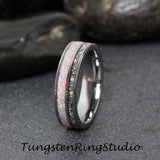 Gold Fire White Opal Silver Gray Tungsten Ring Set