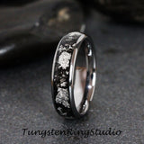 Silver Leaf Meteorite Polished Hammered Tungsten Carbide Ring