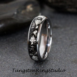 Silver Leaf Meteorite Polished Hammered Tungsten Carbide Ring