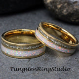 Gold Fire White Opal Yellow Gold Tungsten Ring Set