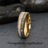 Gold Fire White Opal Yellow Gold Tungsten Ring Set