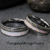 Gold Fire White Opal Silver Gray Tungsten Ring Set