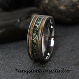 Moss Agate Whiskey Barrel Wood Silver Gray Tungsten Carbide Ring 8 mm