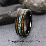 Moss Agate Whiskey Barrel Wood Black Tungsten Carbide Ring 8 mm