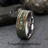 Moss Agate Whiskey Barrel Wood Silver Gray Tungsten Carbide Ring 8 mm