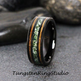 Moss Agate Whiskey Barrel Wood Black Tungsten Carbide Ring 8 mm