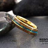 Blue Opal Ring Whiskey Barrel Yellow Gold Tungsten Carbide Ring- Custom Order