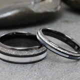Matchin Mother of Pearl Black Tungsten Carbide Ring Set 6mm 8mm