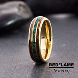 Blue Opal Ring Whiskey Barrel Yellow Gold Tungsten Carbide Ring- Custom Order