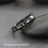 Silver Leaf Meteorite Black Tungsten Carbide Ring 4mm