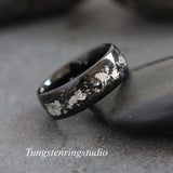 Silver Leaf Meteorite Black Tungsten Carbide Ring 4mm