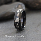 Silver Leaf Meteorite Black Tungsten Carbide Ring 4mm