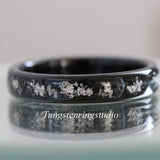 Silver Leaf Meteorite Black Tungsten Carbide Ring 4mm
