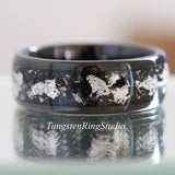 Silver Leaf Meteorite Black Tungsten Carbide Ring 4mm