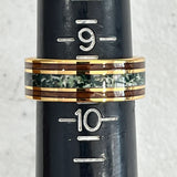 Gold Green Moss Agate Whiskey Barrel Wood Yellow Gold Tungsten Carbide Ring 8 mm