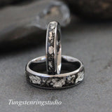 Silver Leaf Meteorite Polished Hammered Tungsten Carbide Ring