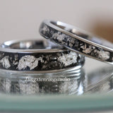 Silver Leaf Meteorite Polished Hammered Tungsten Carbide Ring
