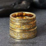 24K Gold Leaf Meteorite Yellow Gold Tungsten Carbide Ring Set 4mm 8mm