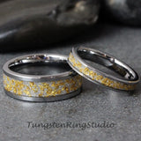 24K Gold Leaf Meteorite Silver Gray Tungsten Carbide Ring Set 6mm 8mm