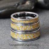 24K Gold Leaf Meteorite Silver Gray Tungsten Carbide Ring Set 6mm 8mm