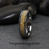 24K Gold Leaf Meteorite Silver Gray Tungsten Carbide Ring Set 6mm 8mm