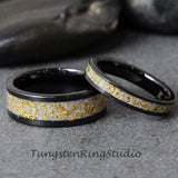 Matching 24K Gold Leaf Meteorite Black Tungsten Carbide Ring Set 4mm 8mm