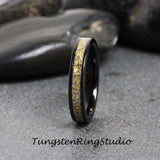 Matching 24K Gold Leaf Meteorite Black Tungsten Carbide Ring Set 4mm 8mm