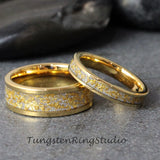 24K Gold Leaf Meteorite Yellow Gold Tungsten Carbide Ring Set 4mm 8mm