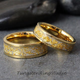 24K Gold Leaf Meteorite Yellow Gold Tungsten Carbide Ring Set 4mm 8mm