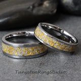 24K Gold Leaf Meteorite Silver Gray Tungsten Carbide Ring Set 6mm 8mm