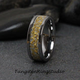 24K Gold Leaf Meteorite Silver Gray Tungsten Carbide Ring Set 6mm 8mm