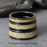 Matching 24K Gold Leaf Meteorite Black Tungsten Carbide Ring Set 4mm 8mm