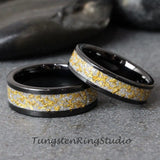 Matching 24K Gold Leaf Meteorite Black Tungsten Carbide Ring Set 4mm 8mm