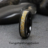 Matching 24K Gold Leaf Meteorite Black Tungsten Carbide Ring Set 4mm 8mm