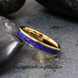 Sleepy Blue Opal Yellow Gold Tungsten Carbide Ring 4 mm