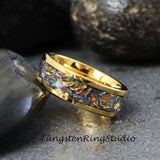 Orange Burl Tide Dye Dichrolam Polish Yellow Gold Tungsten Carbide Ring